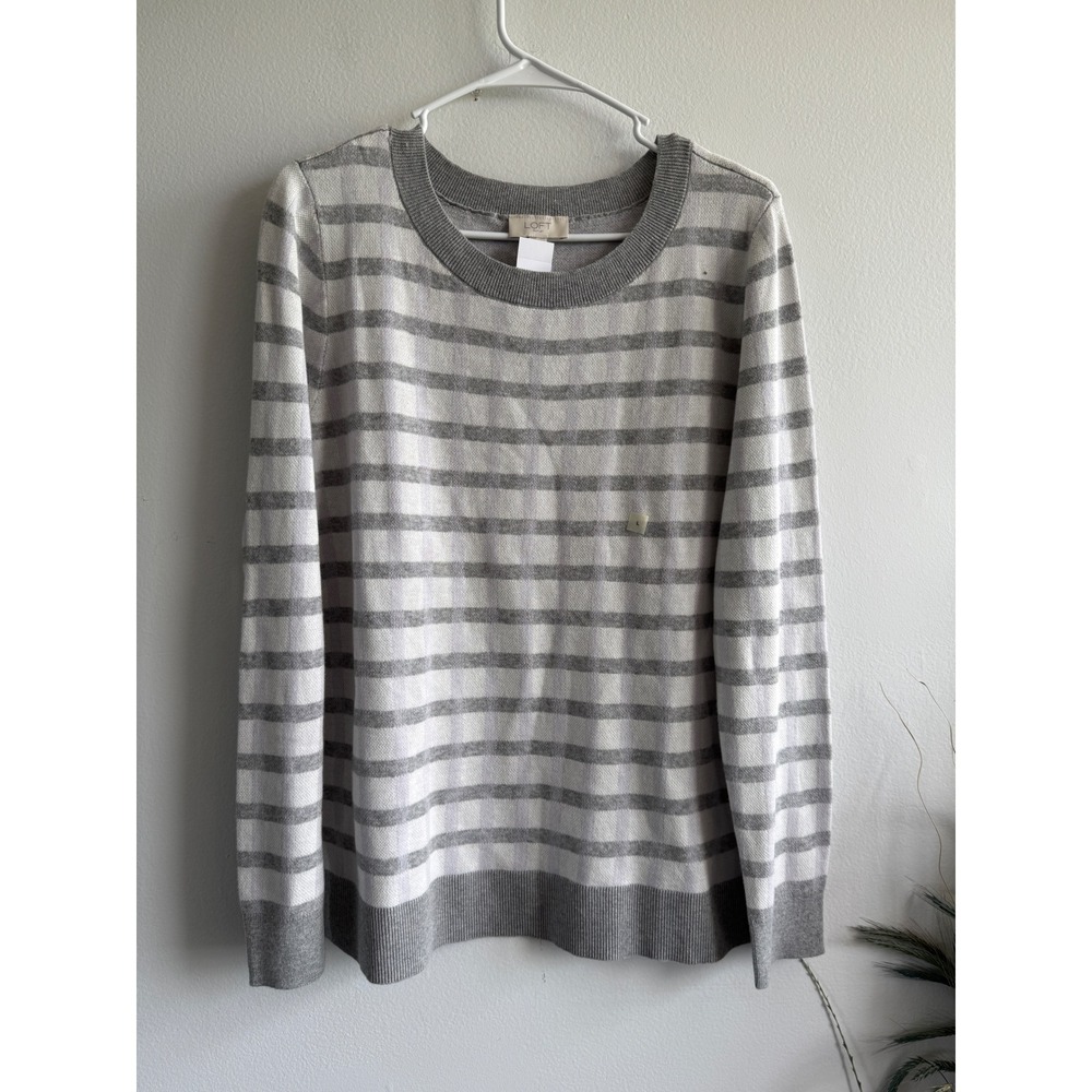 Loft Outlet Womens Grey White Striped 100% Cotton Crew Neck Sweater Size L NWT
